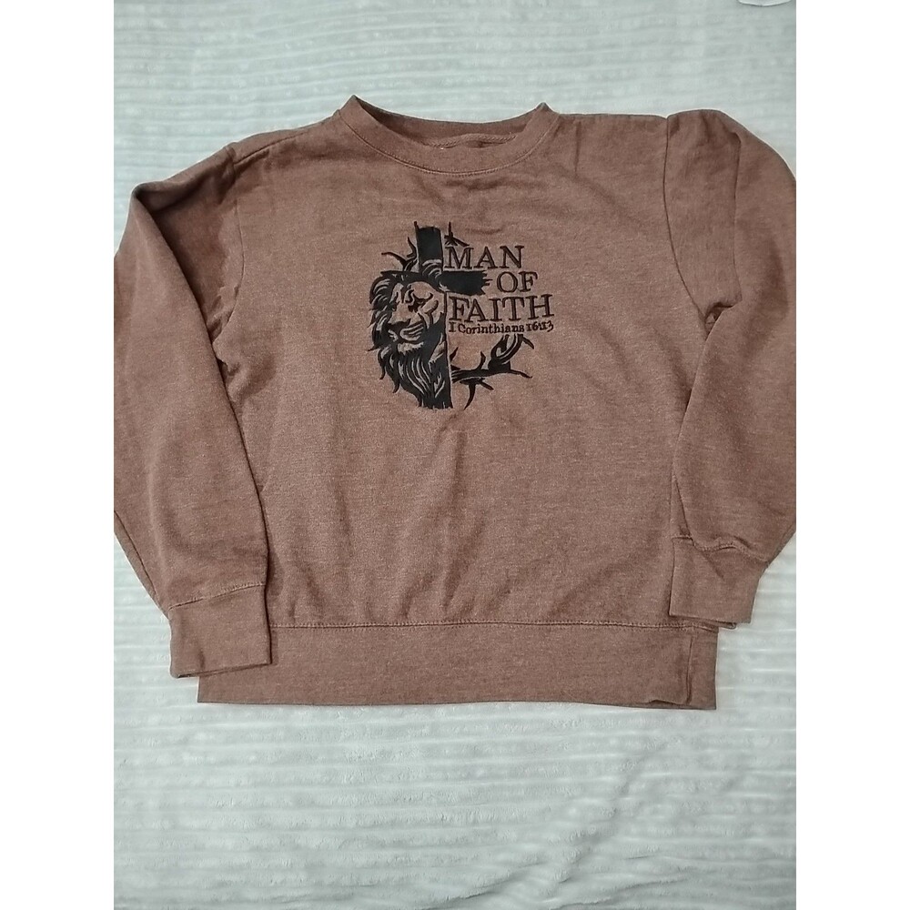 Love In Faith Womens Embroidered Man Of Faith Sweatshirt Heather Brown Small